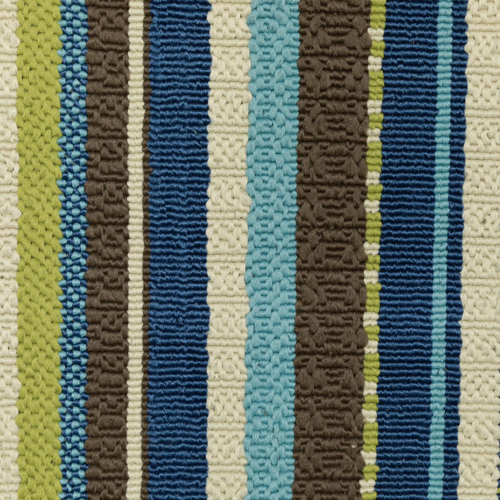 2' X 8' Blue and Green Striped Stain Resistant Indoor Outdoor Area Rug