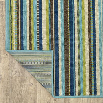 2' X 4' Blue and Green Striped Stain Resistant Indoor Outdoor Area Rug