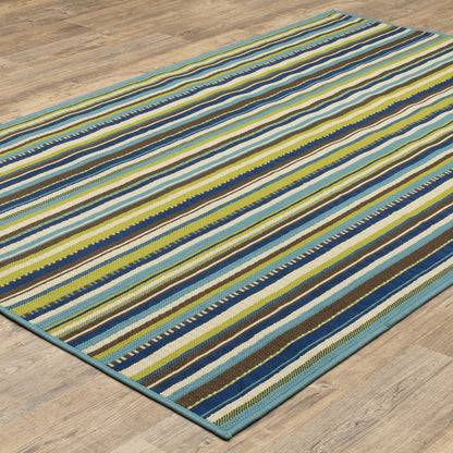 5' x 8' Blue and Green Striped Stain Resistant Indoor Outdoor Area Rug