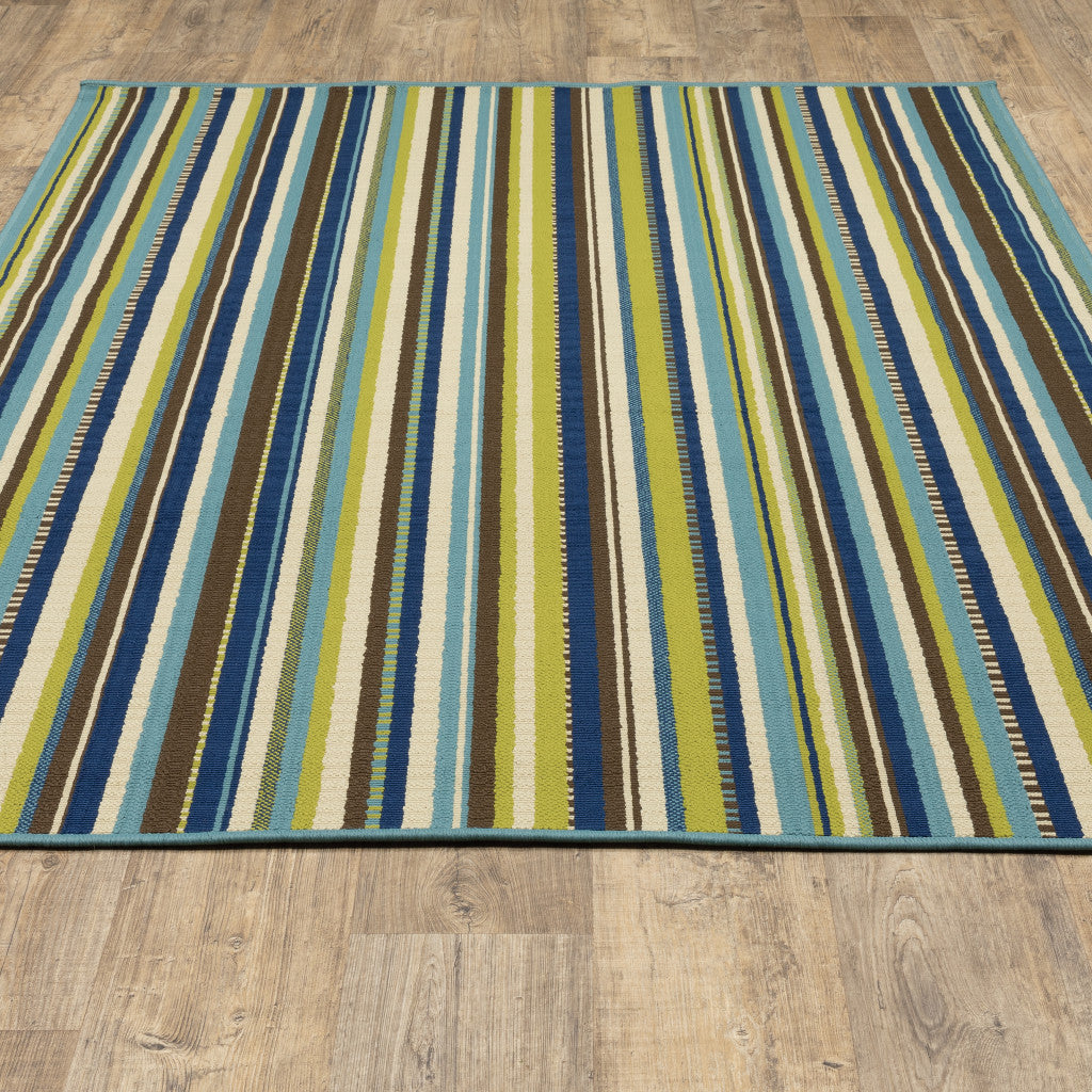 5' x 8' Blue and Green Striped Stain Resistant Indoor Outdoor Area Rug