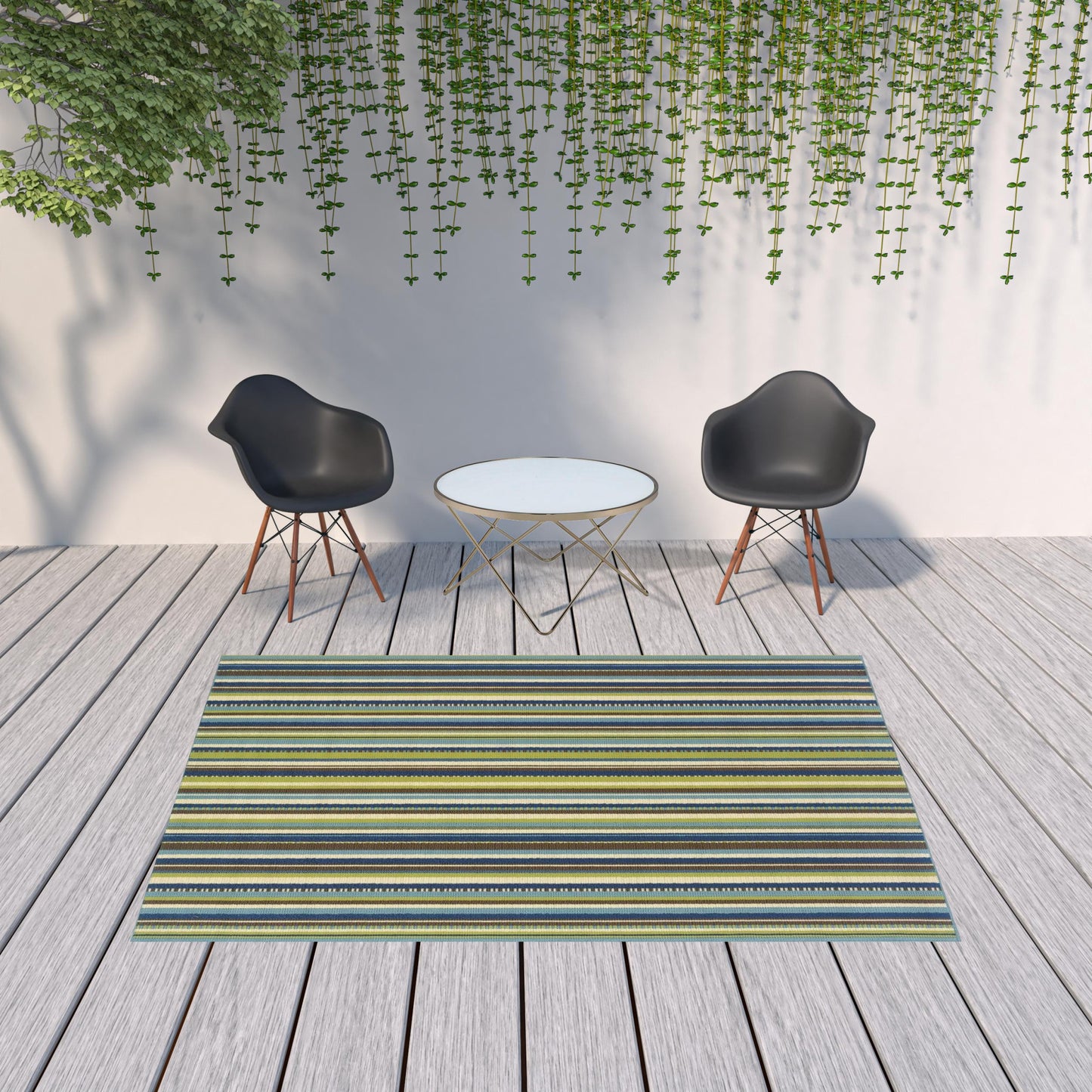 7' x 10' Blue and Green Striped Stain Resistant Indoor Outdoor Area Rug