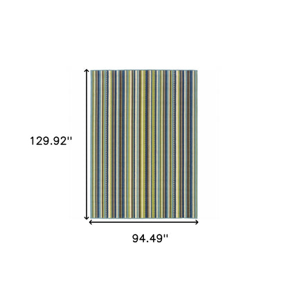 8' x 11' Blue and Green Striped Stain Resistant Indoor Outdoor Area Rug