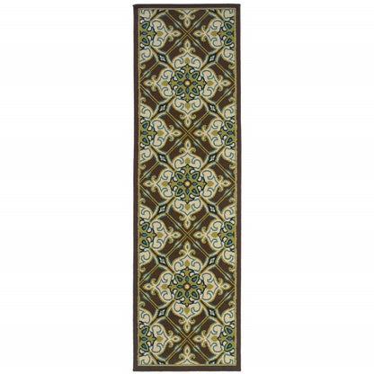 2' X 8' Brown and Ivory Floral Stain Resistant Indoor Outdoor Area Rug