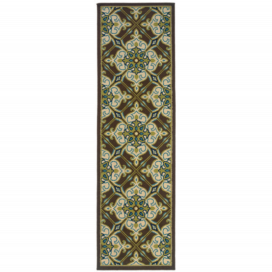 2' X 8' Brown and Ivory Floral Stain Resistant Indoor Outdoor Area Rug