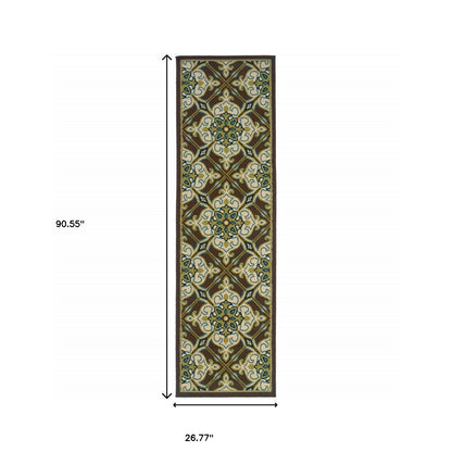 2' X 8' Brown and Ivory Floral Stain Resistant Indoor Outdoor Area Rug