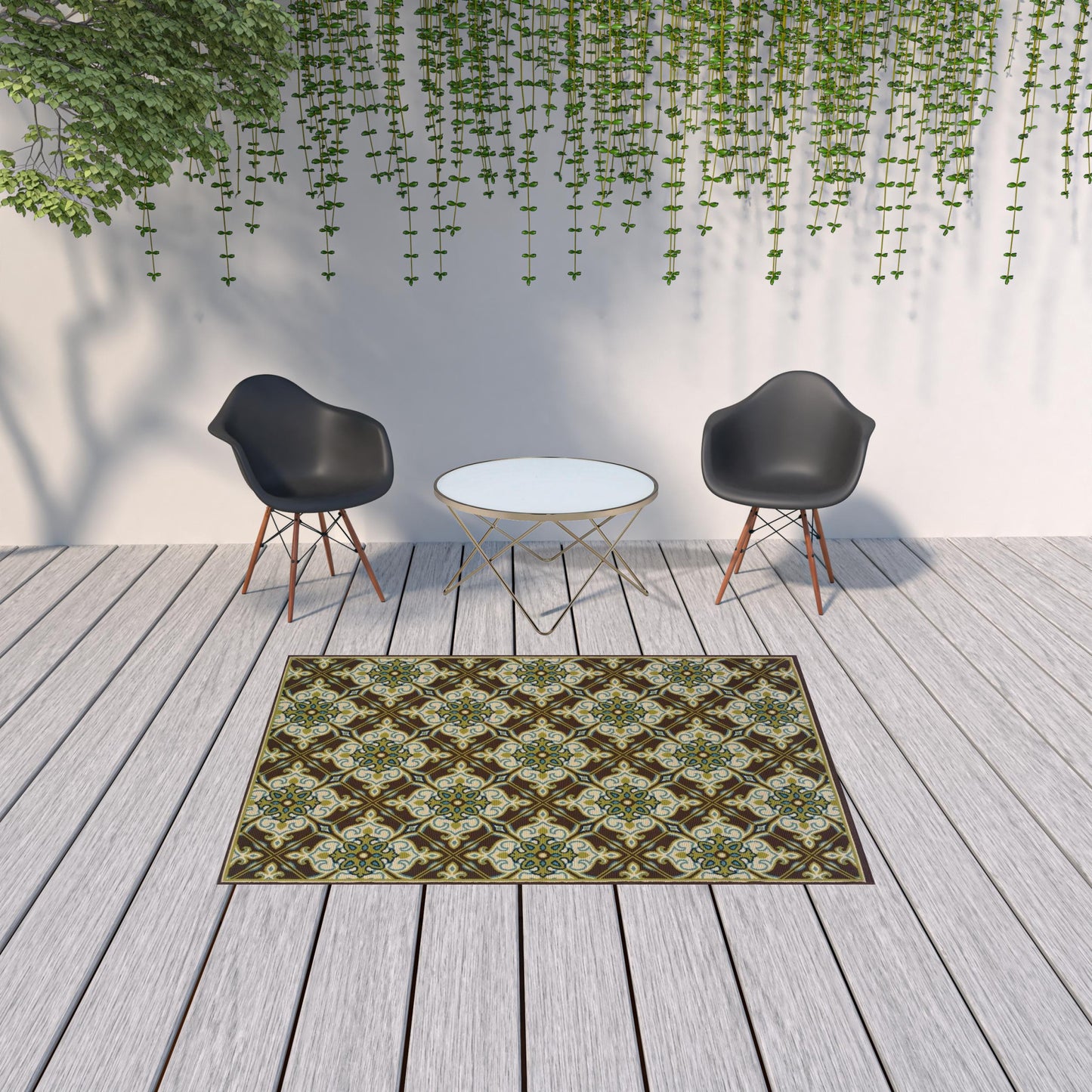 5' x 8' Brown and Ivory Floral Stain Resistant Indoor Outdoor Area Rug