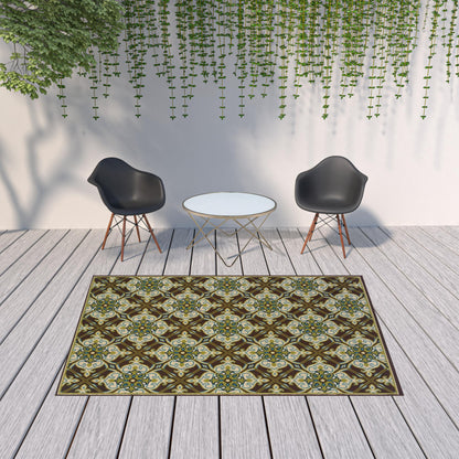 7' x 10' Brown and Ivory Floral Stain Resistant Indoor Outdoor Area Rug