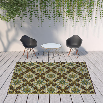 8' x 11' Brown and Ivory Floral Stain Resistant Indoor Outdoor Area Rug