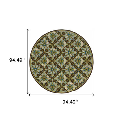 8' x 8' Brown and Ivory Round Floral Stain Resistant Indoor Outdoor Area Rug