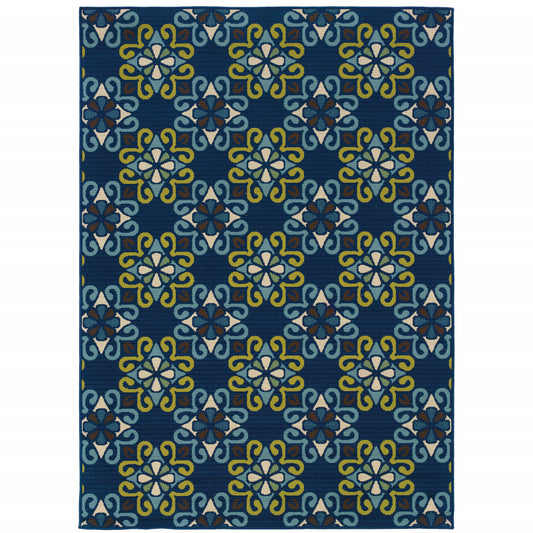 2' X 4' Blue and Green Floral Stain Resistant Indoor Outdoor Area Rug