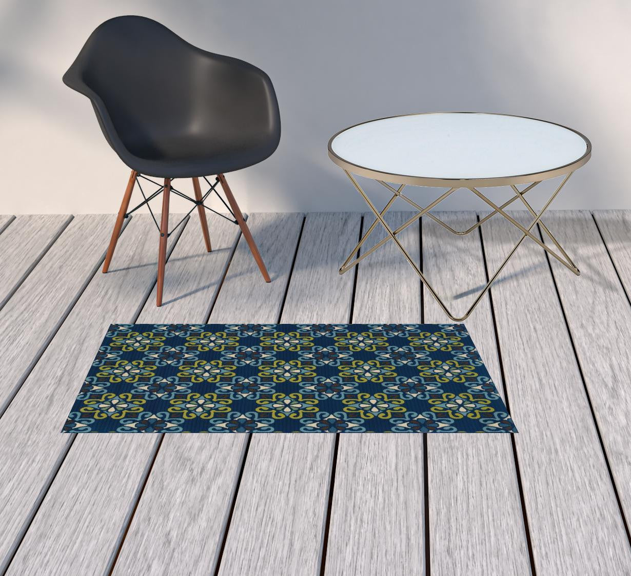 2' X 4' Blue and Green Floral Stain Resistant Indoor Outdoor Area Rug