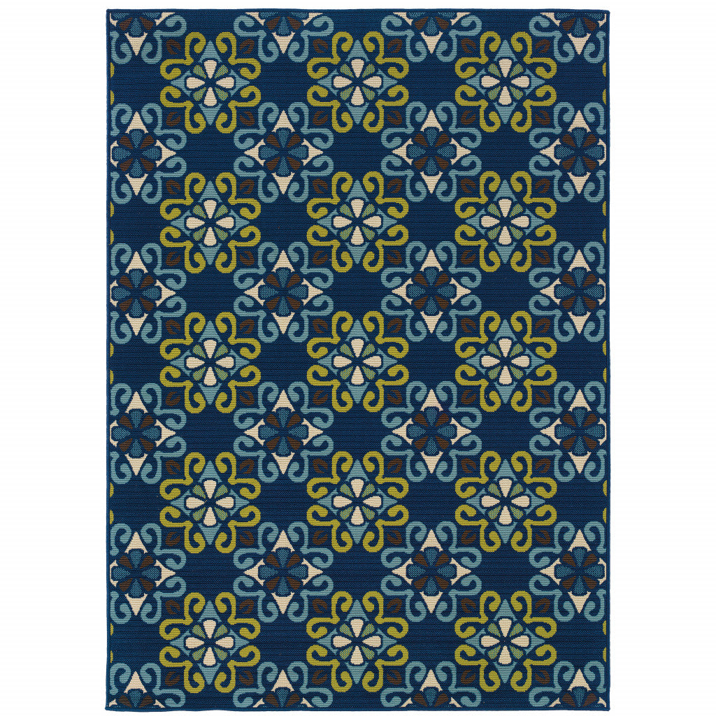 5' x 8' Blue and Green Floral Stain Resistant Indoor Outdoor Area Rug