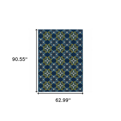 5' x 8' Blue and Green Floral Stain Resistant Indoor Outdoor Area Rug