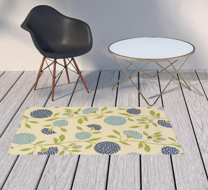 2' X 4' Green and Ivory Floral Stain Resistant Indoor Outdoor Area Rug