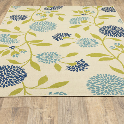 2' X 4' Green and Ivory Floral Stain Resistant Indoor Outdoor Area Rug