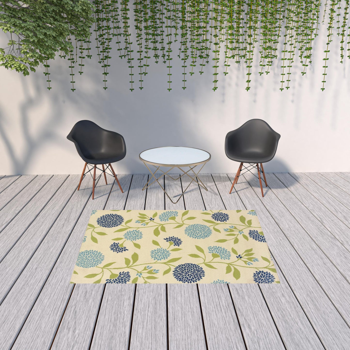 5' x 8' Green and Ivory Floral Stain Resistant Indoor Outdoor Area Rug