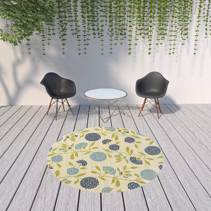 8' x 8' Green and Ivory Round Floral Stain Resistant Indoor Outdoor Area Rug