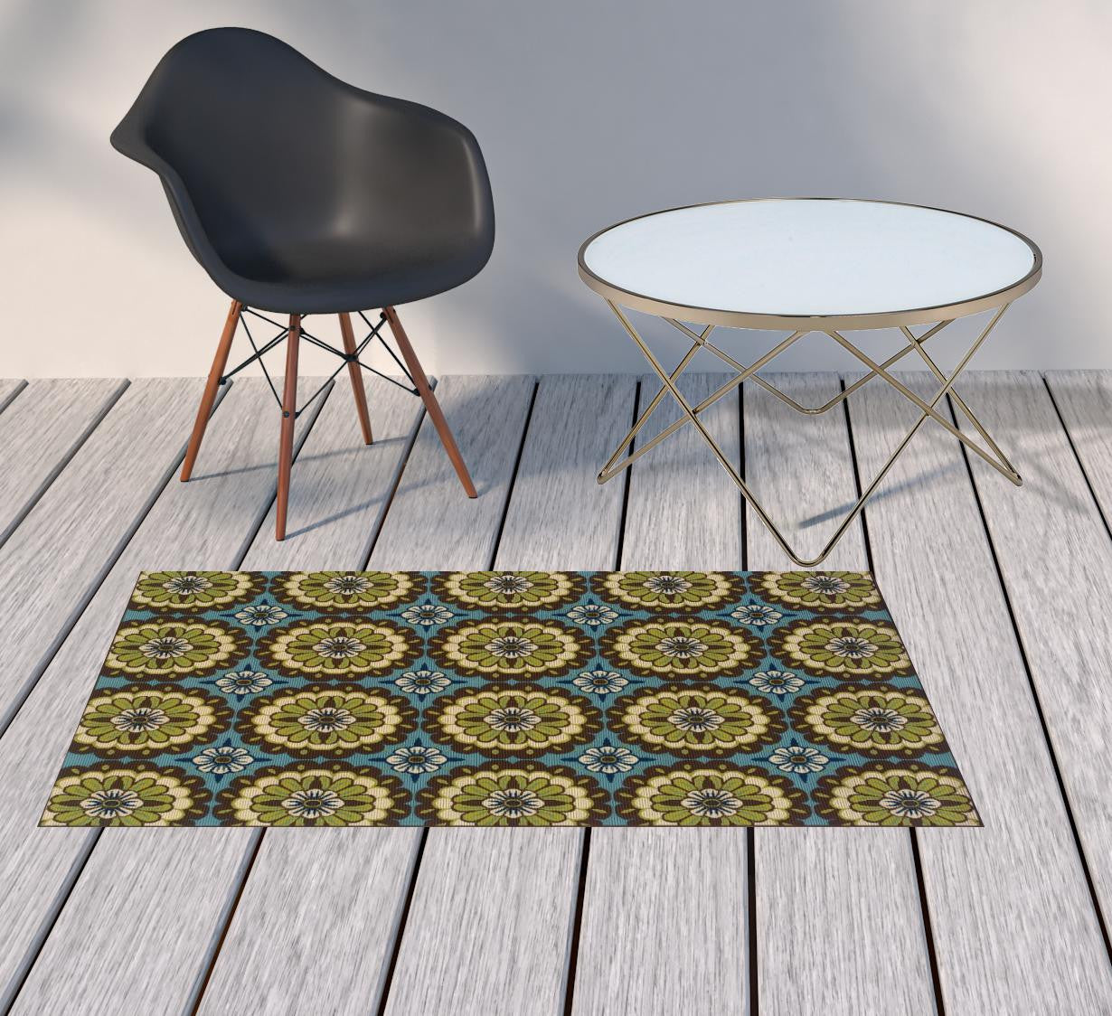 2' X 4' Blue and Green Floral Stain Resistant Indoor Outdoor Area Rug