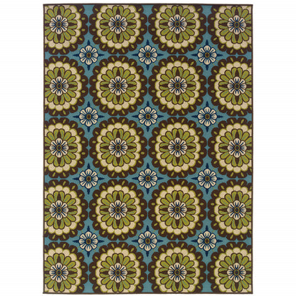 7' x 10' Blue and Green Floral Stain Resistant Indoor Outdoor Area Rug