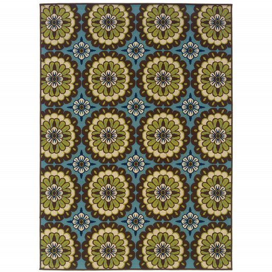 8' x 11' Blue and Green Floral Stain Resistant Indoor Outdoor Area Rug