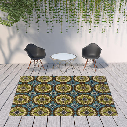 8' x 11' Blue and Green Floral Stain Resistant Indoor Outdoor Area Rug