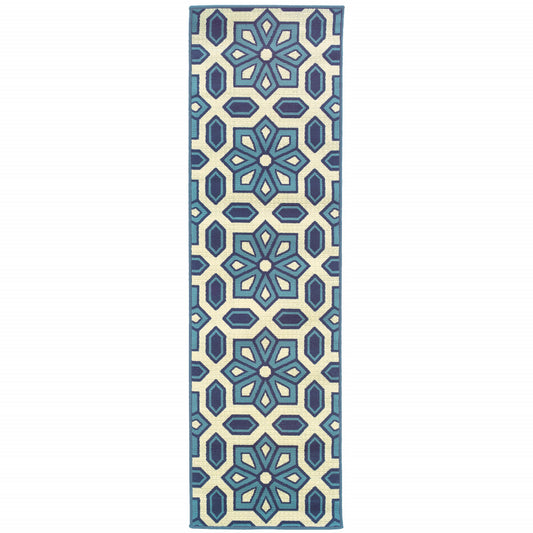 2' X 8' Ivory and Blue Geometric Stain Resistant Indoor Outdoor Area Rug