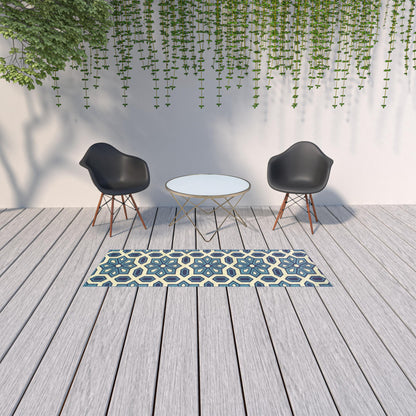 2' X 8' Ivory and Blue Geometric Stain Resistant Indoor Outdoor Area Rug