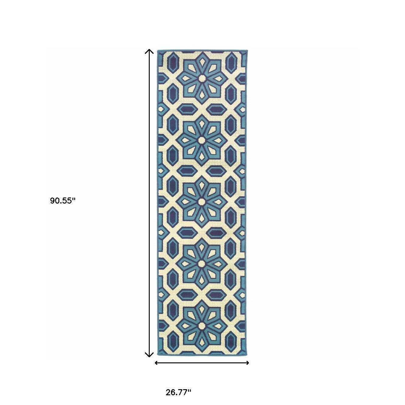 2' X 8' Ivory and Blue Geometric Stain Resistant Indoor Outdoor Area Rug