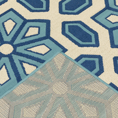 2' X 8' Ivory and Blue Geometric Stain Resistant Indoor Outdoor Area Rug