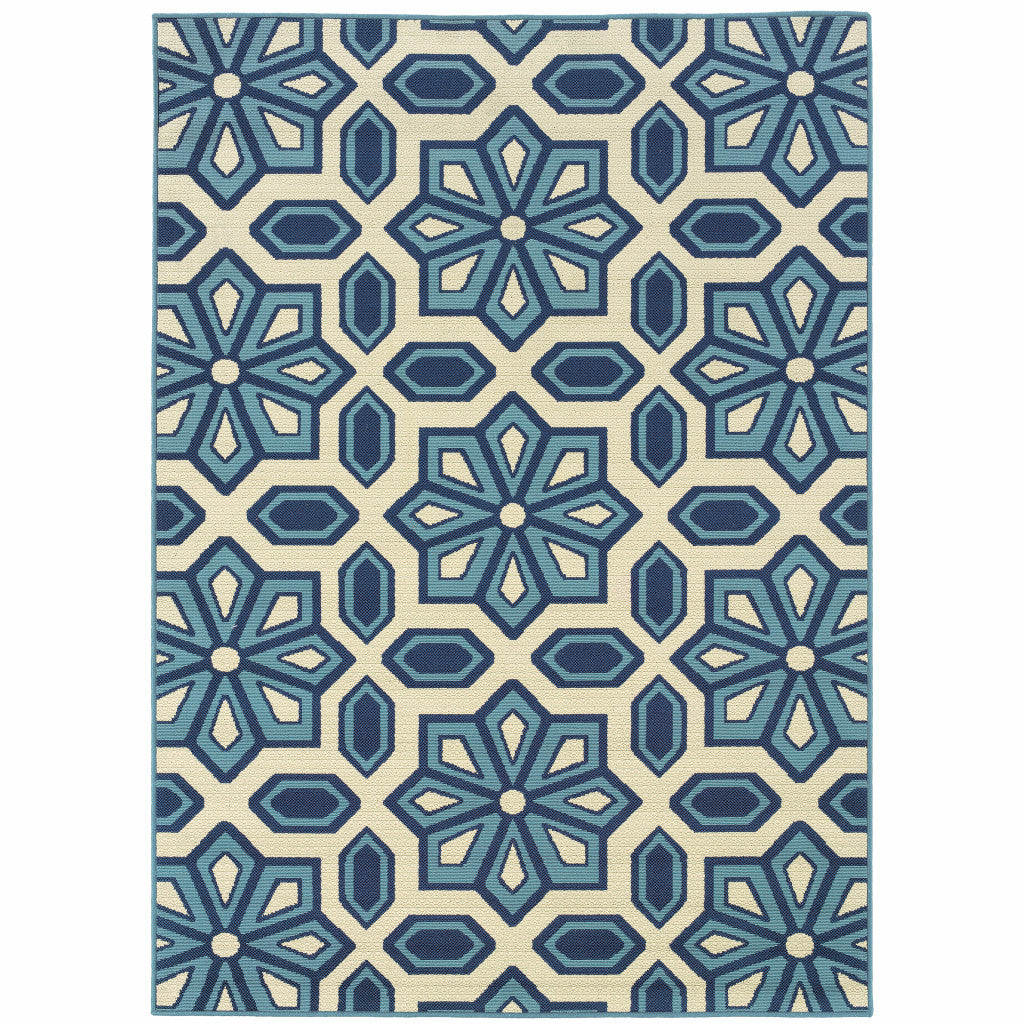 4' x 6' Ivory and Blue Geometric Stain Resistant Indoor Outdoor Area Rug