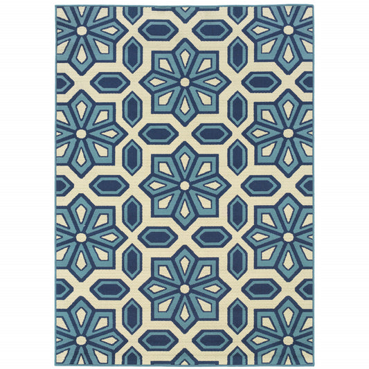 4' x 6' Ivory and Blue Geometric Stain Resistant Indoor Outdoor Area Rug