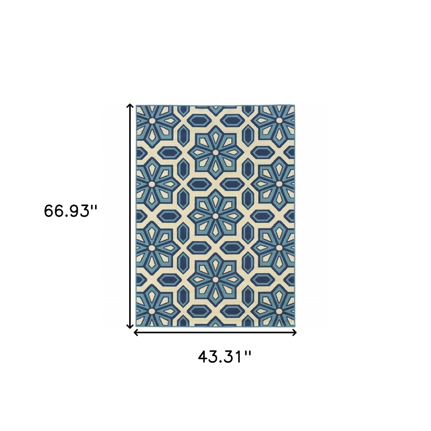 4' x 6' Ivory and Blue Geometric Stain Resistant Indoor Outdoor Area Rug