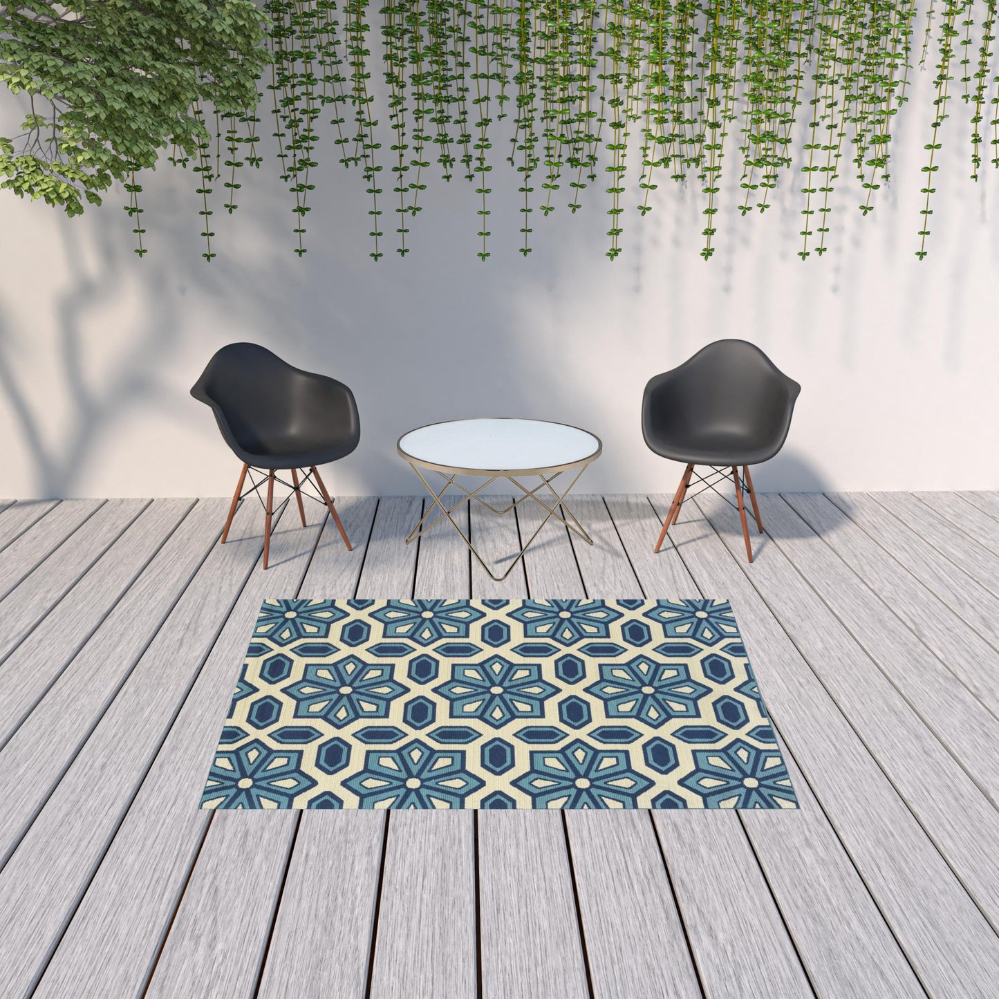 5' x 8' Ivory and Blue Geometric Stain Resistant Indoor Outdoor Area Rug