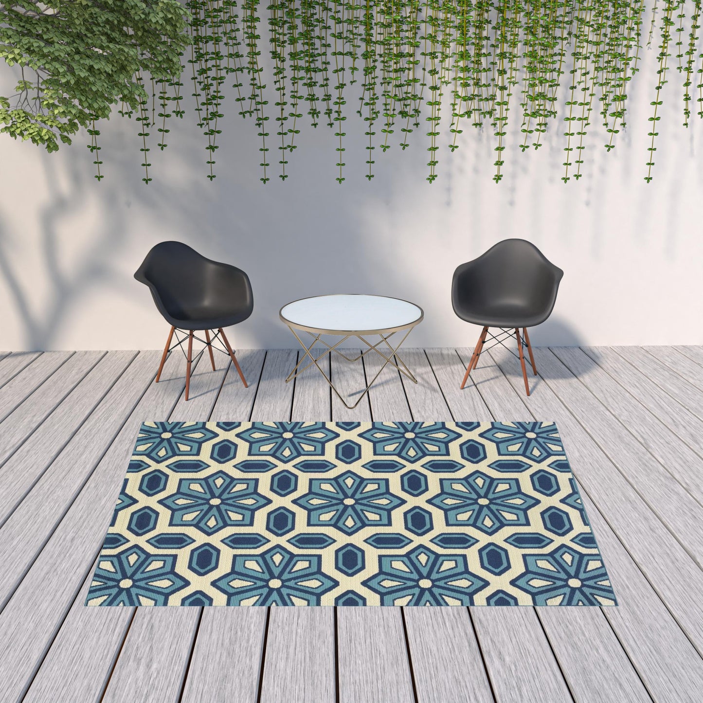 7' x 10' Ivory and Blue Geometric Stain Resistant Indoor Outdoor Area Rug