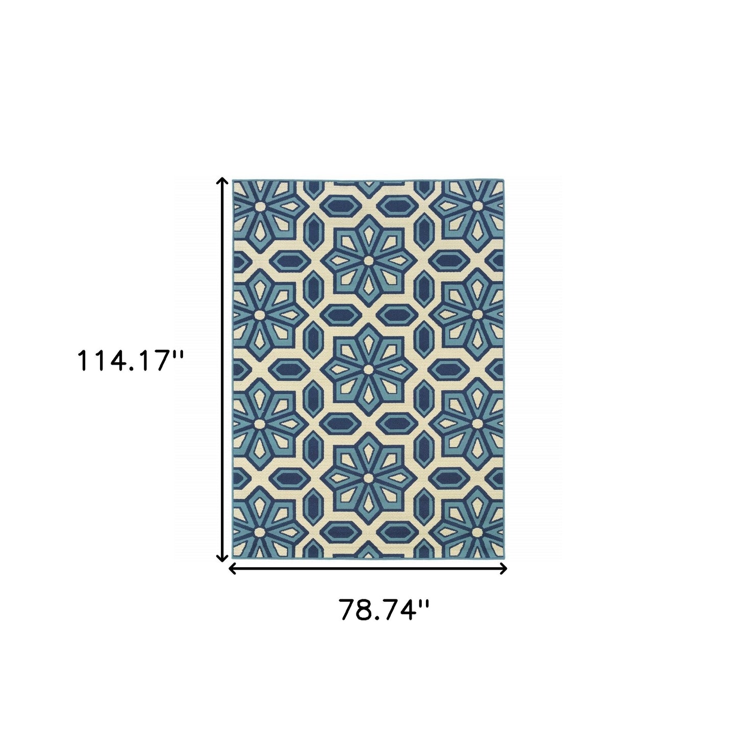 7' x 10' Ivory and Blue Geometric Stain Resistant Indoor Outdoor Area Rug