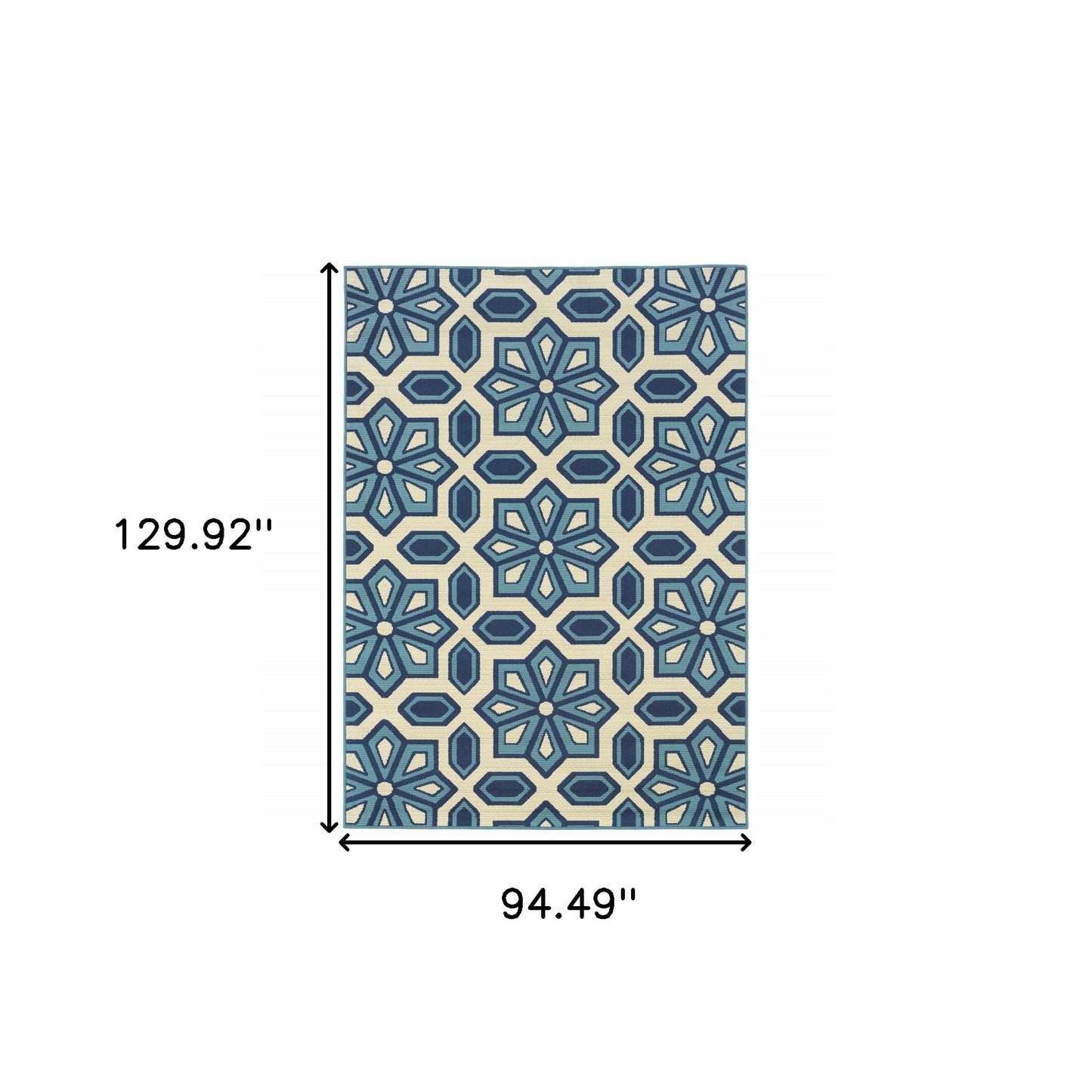 8' x 11' Ivory and Blue Geometric Stain Resistant Indoor Outdoor Area Rug