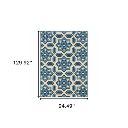 8' x 11' Ivory and Blue Geometric Stain Resistant Indoor Outdoor Area Rug