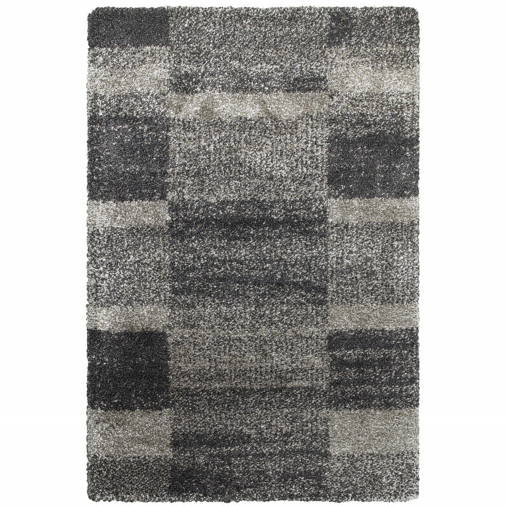 10' X 13' Charcoal Silver And Grey Geometric Shag Power Loom Stain Resistant Area Rug