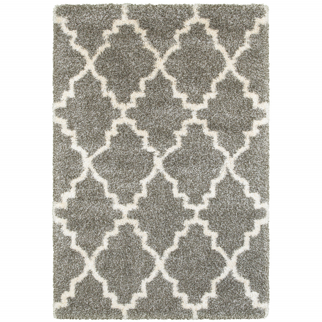 10' X 13' Grey And Ivory Geometric Shag Power Loom Stain Resistant Area Rug