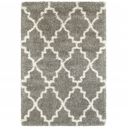 10' X 13' Grey And Ivory Geometric Shag Power Loom Stain Resistant Area Rug