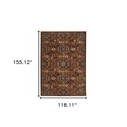 10' X 13' Red Blue Gold And Ivory Oriental Power Loom Stain Resistant Area Rug With Fringe