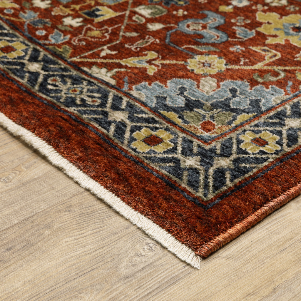 10' X 13' Red Blue Gold And Ivory Oriental Power Loom Stain Resistant Area Rug With Fringe