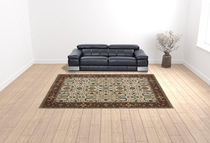 10' X 13' Ivory Red Green Grey Blue And Navy Oriental Power Loom Stain Resistant Area Rug With Fringe