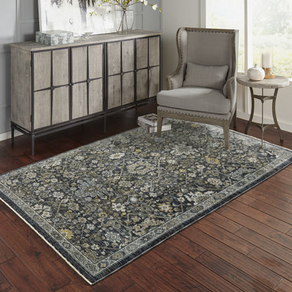 10' X 13' Blue Ivory Grey Gold Green And Brown Oriental Power Loom Stain Resistant Area Rug With Fringe