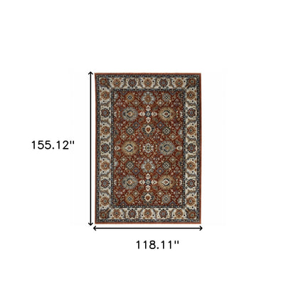 10' X 13' Red Blue Ivory Gold And Navy Oriental Power Loom Stain Resistant Area Rug With Fringe