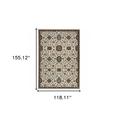 10' X 13' Beige Rust Red Blue Gold And Grey Oriental Power Loom Stain Resistant Area Rug With Fringe