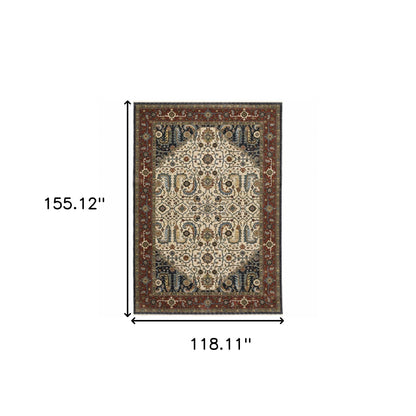 10' X 13' Ivory Beige Red Blue Gold Green And Navy Oriental Power Loom Stain Resistant Area Rug With Fringe