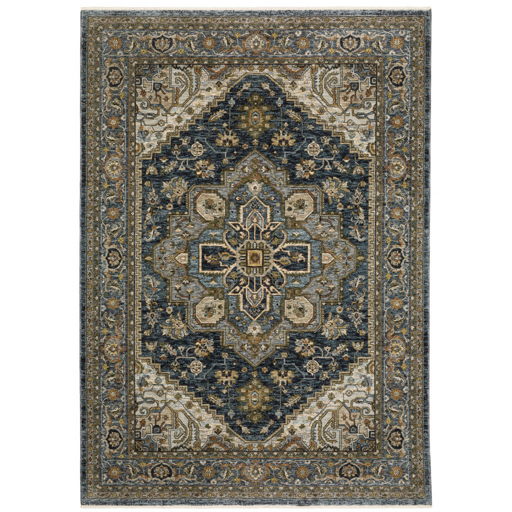 10' X 13' Blue Taupe Grey Green Rust Tan Beige And Gold Oriental Power Loom Stain Resistant Area Rug With Fringe