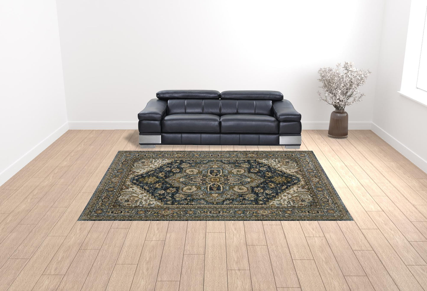 10' X 13' Blue Taupe Grey Green Rust Tan Beige And Gold Oriental Power Loom Stain Resistant Area Rug With Fringe