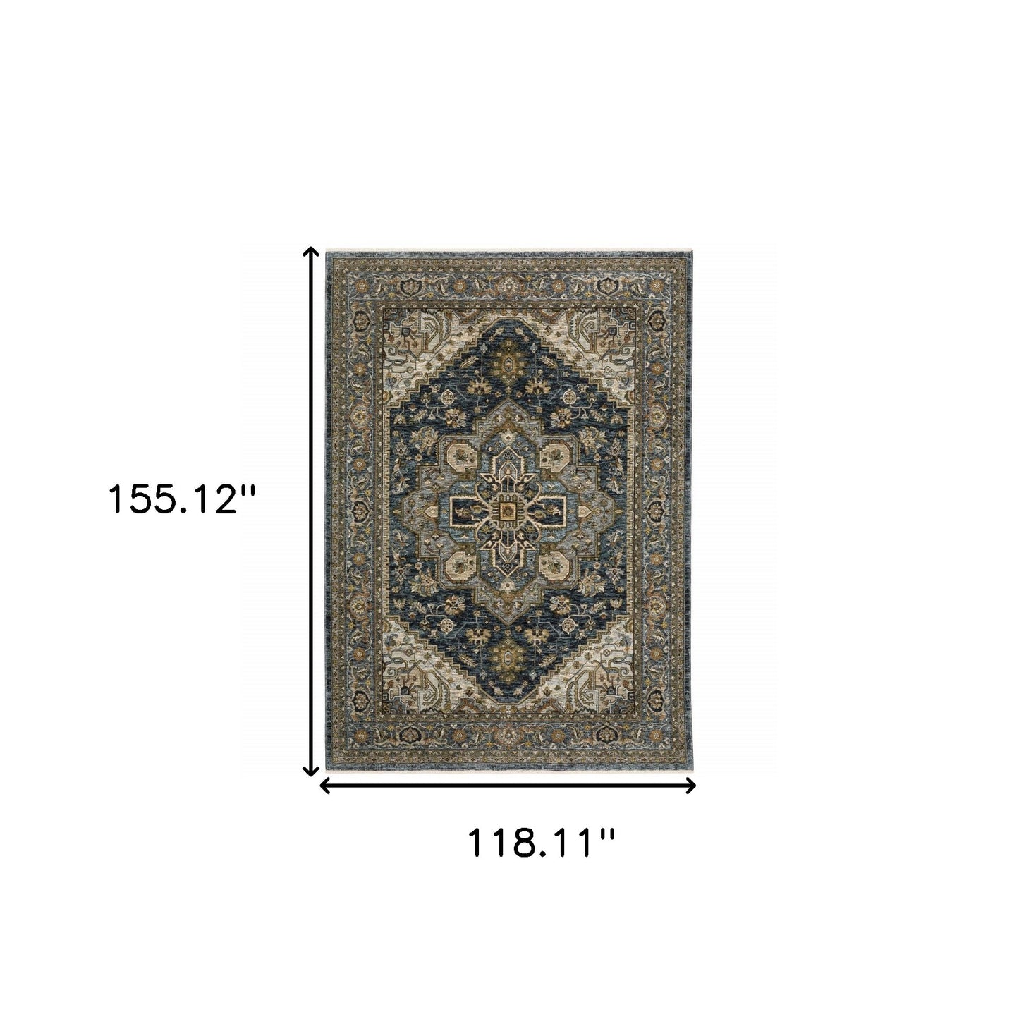 10' X 13' Blue Taupe Grey Green Rust Tan Beige And Gold Oriental Power Loom Stain Resistant Area Rug With Fringe